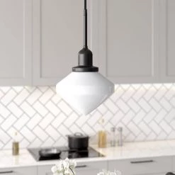 Zariza 1-Light Blackened Bronze Pendant with White Milk Glass Shade by Meyer&Cross -Hot Sale HomeGlam Store blackened bronze meyer cross chandeliers pd0611 4f 1000