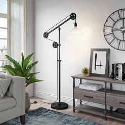 Descartes 70 in. Blackened Bronze Floor Lamp with Pulley System and Ribbed Glass Shade by Meyer&Cross -Hot Sale HomeGlam Store blackened bronze meyer cross floor lamps fl0157 31 1000