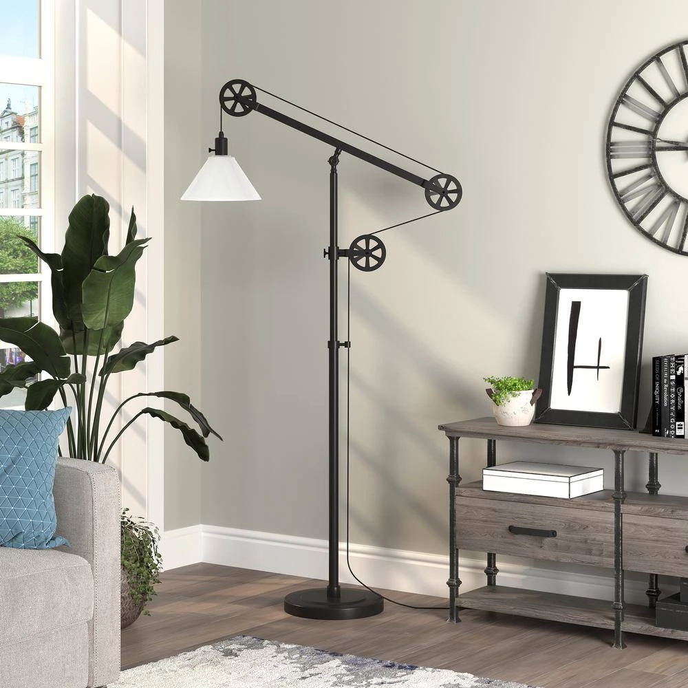 Descartes 70 in. Blackened Bronze Floor Lamp with Milk Glass Shade and Pulley System by Meyer&Cross 6 Descartes 70 in. Blackened Bronze Floor Lamp with Milk Glass Shade and Pulley System by Meyer&Cross - Image 4