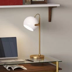 Sims 22 in. Brass Desk Lamp with White Shade by Meyer&Cross 12 Sims 22 in. Brass Desk Lamp with White Shade by Meyer&Cross -Hot Sale HomeGlam Store brass meyer cross desk lamps tl0783 4f 1000