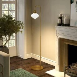 Zariza 62 in. Brass Arc Floor Lamp with White Milk Glass Shade by Meyer&Cross -Hot Sale HomeGlam Store brass meyer cross floor lamps fl0961 4f 1000