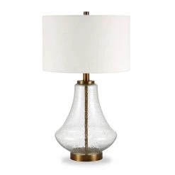Lagos 23 in. Table Lamp in Brushed Brass and Seeded Glass with Flax Shade by Meyer&Cross