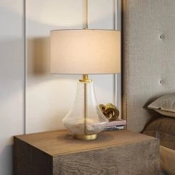 Lagos 23 in. Table Lamp in Brushed Brass and Seeded Glass with Flax Shade by Meyer&Cross -Hot Sale HomeGlam Store brushed brass meyer cross table lamps tl0155 66 1000
