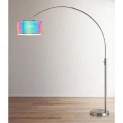 Orbita 82 in. Brushed Nickel Furnish LED Dimmable Retractable Arch Floor Lamp, Bulb Included with Drum Iridescent Shade by HomeGlam -Hot Sale HomeGlam Store brushed nickel homeglam floor lamps hl6013 bndhu c3 1000