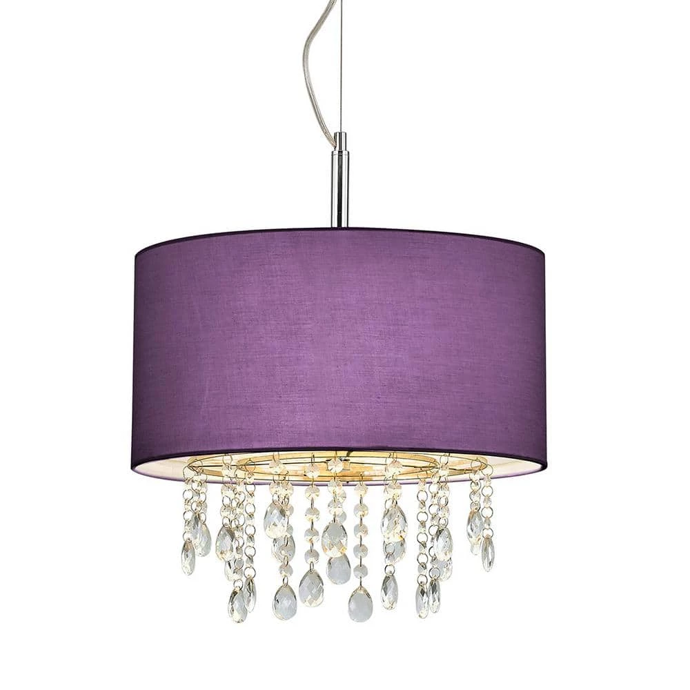Florence 16.5 in. 3-Lights Chrome Crystals Pendant Lamp with Purple Shade by HomeGlam 3 Florence 16.5 in. 3-Lights Chrome Crystals Pendant Lamp with Purple Shade by HomeGlam