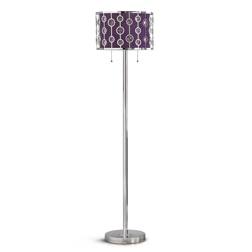 GLIMMER 61.5 in. Chrome Finish 2-Light Metal Shade with Crystals Floor Lamp with Purple Inner Shade by HomeGlam 3 GLIMMER 61.5 in. Chrome Finish 2-Light Metal Shade with Crystals Floor Lamp with Purple Inner Shade by HomeGlam