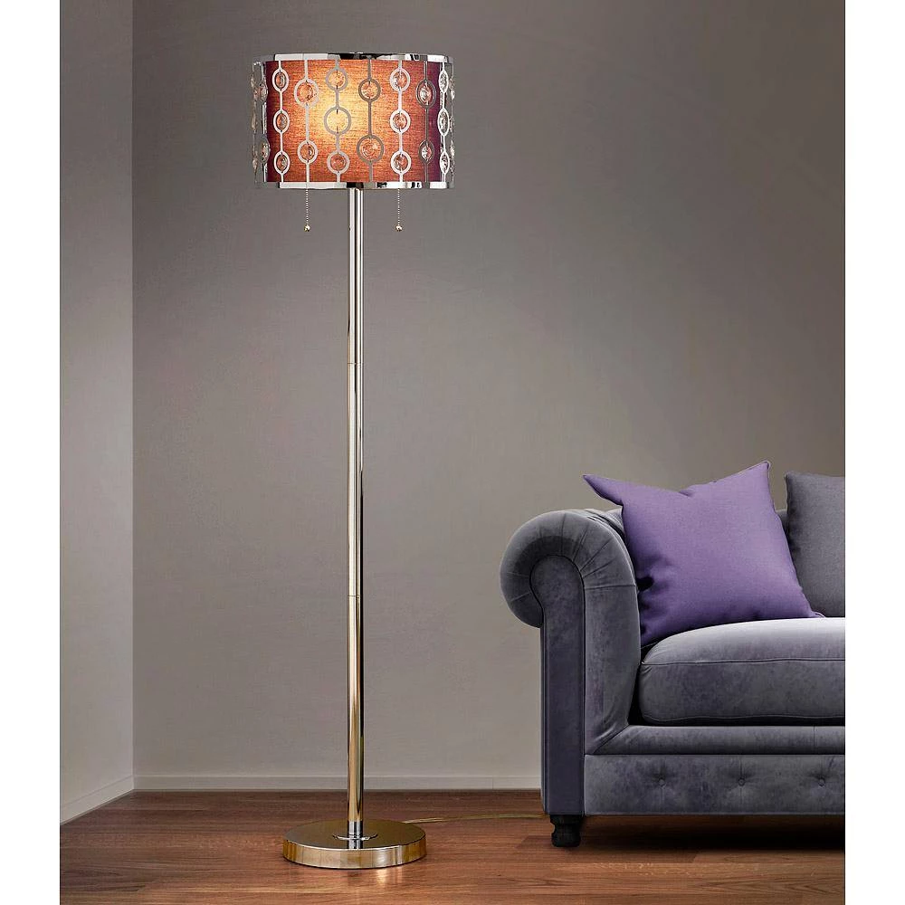 GLIMMER 61.5 in. Chrome Finish 2-Light Metal Shade with Crystals Floor Lamp with Purple Inner Shade by HomeGlam 4 GLIMMER 61.5 in. Chrome Finish 2-Light Metal Shade with Crystals Floor Lamp with Purple Inner Shade by HomeGlam - Image 2
