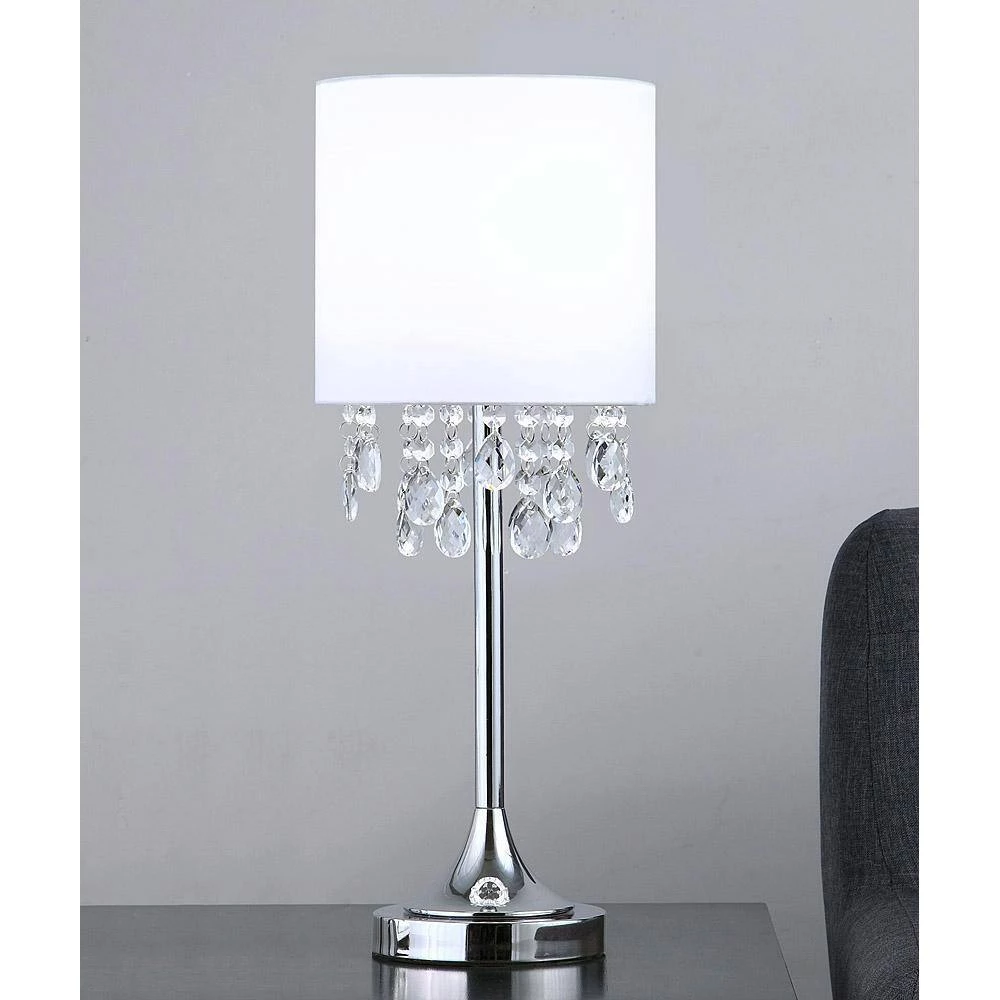 Florence 22 in. Chrome Finish Crystal Pendants Table Lamp with White Shade by HomeGlam 4 Florence 22 in. Chrome Finish Crystal Pendants Table Lamp with White Shade by HomeGlam - Image 2
