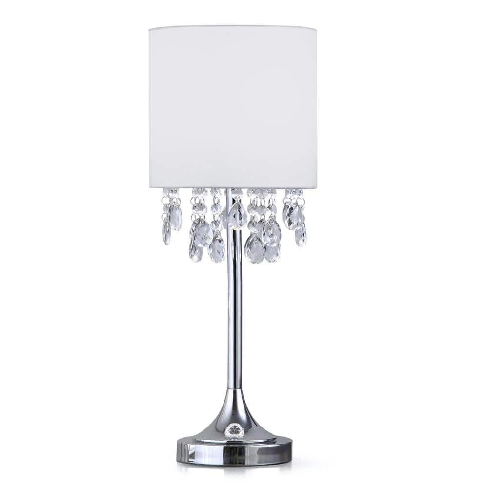 Florence 22 in. Chrome Finish Crystal Pendants Table Lamp with White Shade by HomeGlam 3 Florence 22 in. Chrome Finish Crystal Pendants Table Lamp with White Shade by HomeGlam