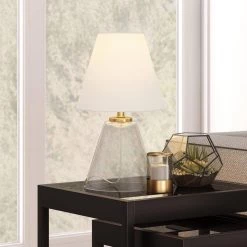 Makenna 13.63 in. Clear Glass Mini Table Lamp with Brass Accents by Meyer&Cross -Hot Sale HomeGlam Store clear glass meyer cross table lamps ml0918 4f 1000